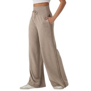 NEW Halara Ribbed High Waisted Tummy Control Wide Leg Sweatpants Beige Medium